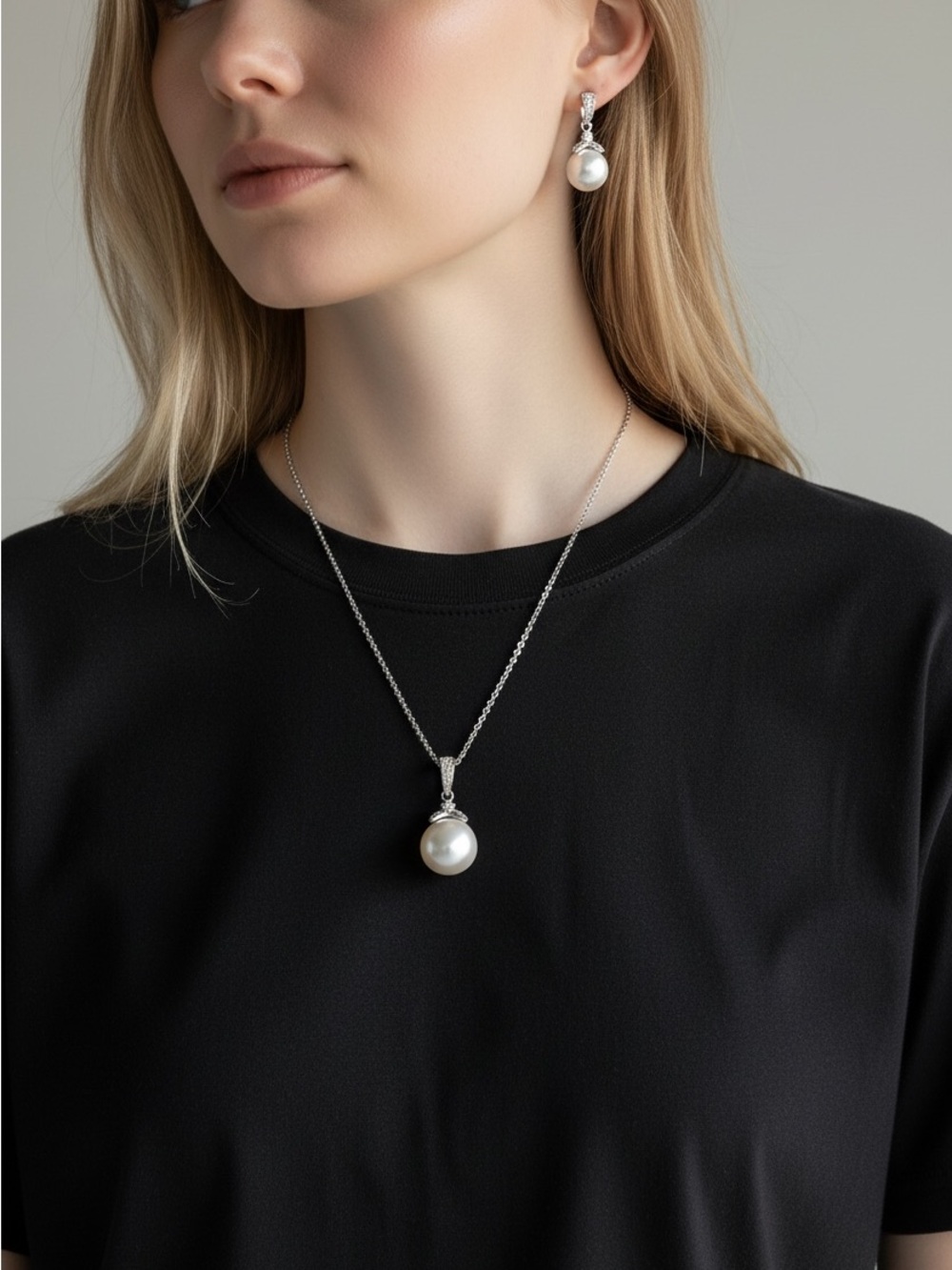 10/25 Pearl Drop Pendant Necklace and Earrings Set - White Pearl on Silver